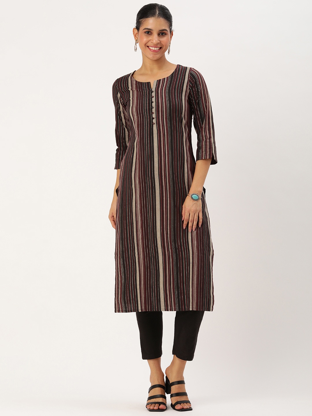 

Saanjh Women Striped Regular Kurta with Trousers, Maroon