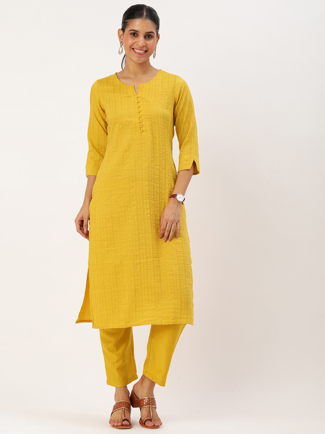 

Saanjh Women Regular Kurta with Trousers, Yellow