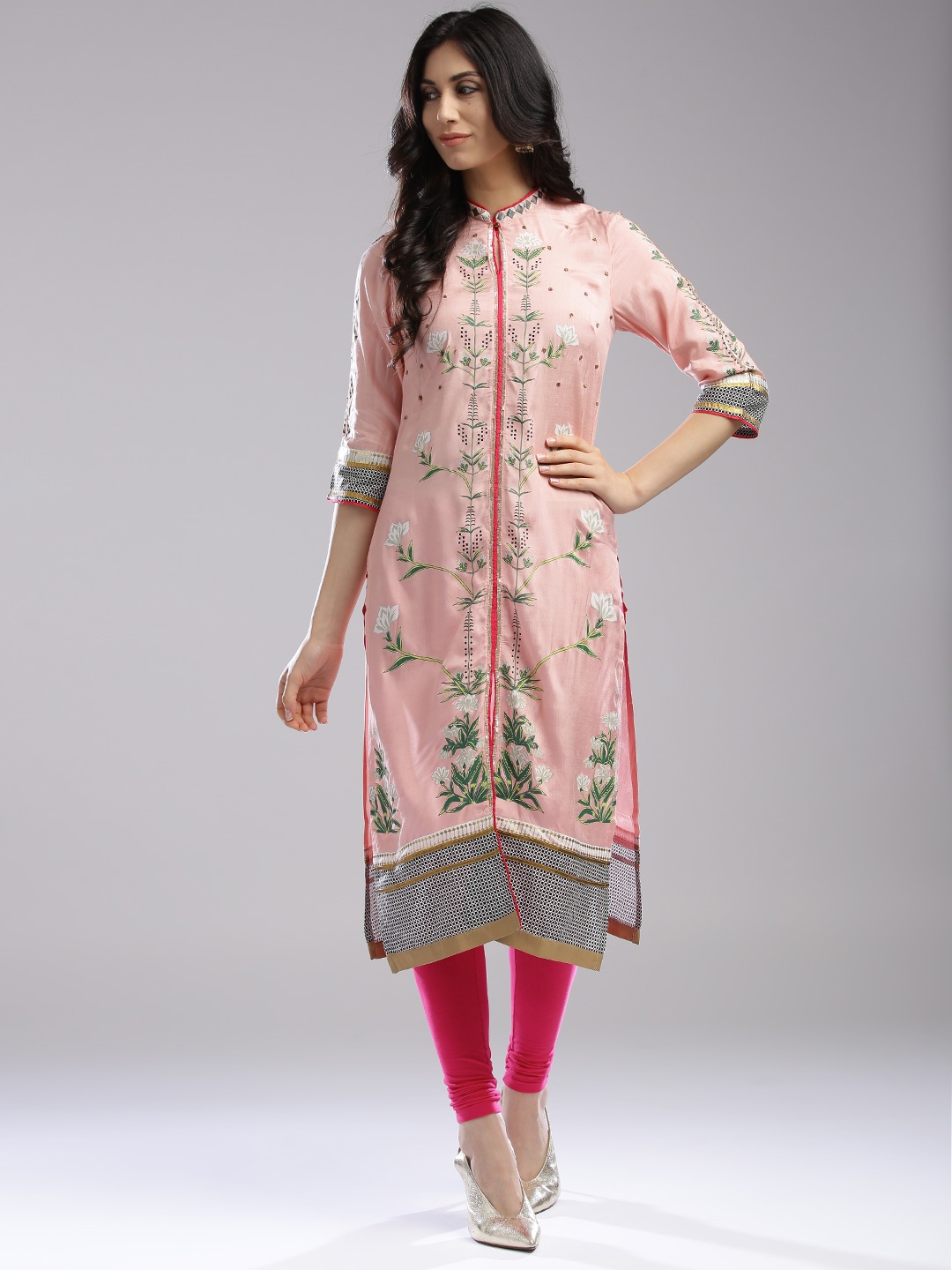 

WISHFUL by W Women Peach-Coloured Printed Embellished Straight Kurta