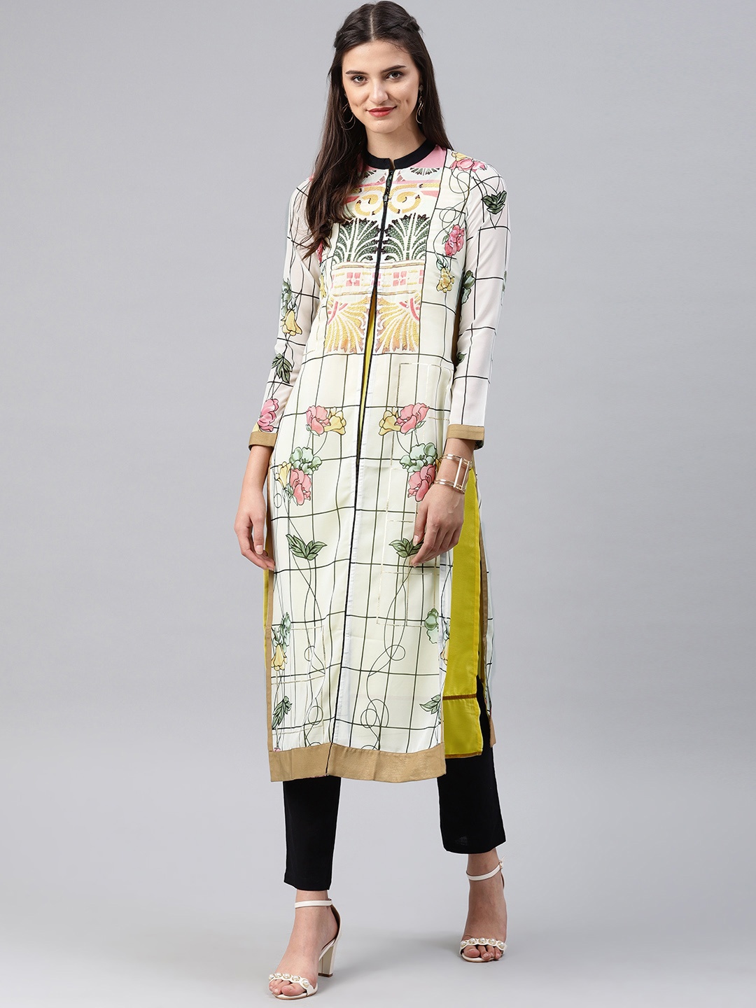 

Wishful by W Women White & Yellow Checked Straight Layered Kurta