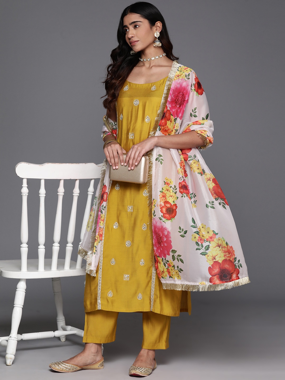 

Varanga Ethnic Motifs Embroidered Sequinned Kurta with Trousers & Dupatta, Mustard