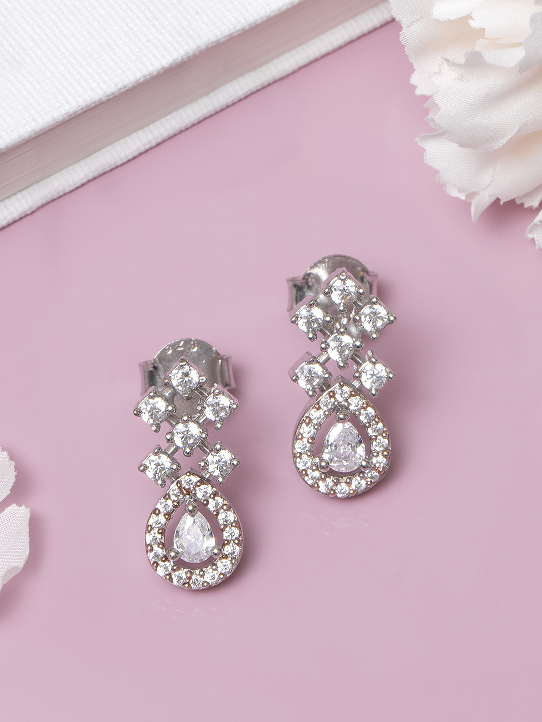 

Zavya 925 Pure Sterling Silver Rhodium-Plated CZ-Studded Teardrop Shaped Drop Earrings