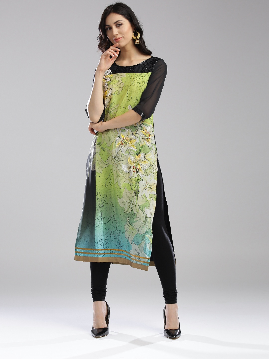 

WISHFUL by W Women Green & Black Printed Embellished Straight Kurta