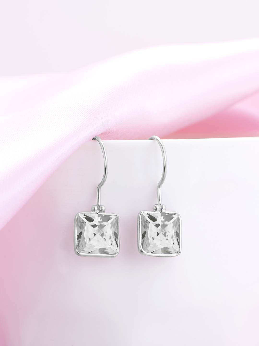 

Zavya 925 Pure Sterling Silver Rhodium-Plated CZ-Studded Square Drop Earrings