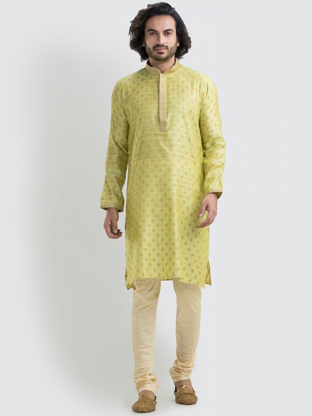 

SREEMANT Mandarin Collar Art Work Jacquard Kurta, Lime green