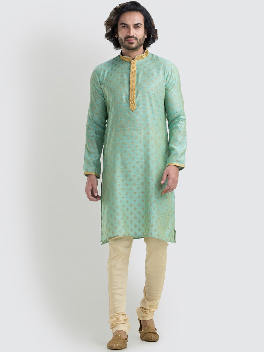 

SREEMANT Woven Design Mandarin Collar Regular Kurta, Sea green
