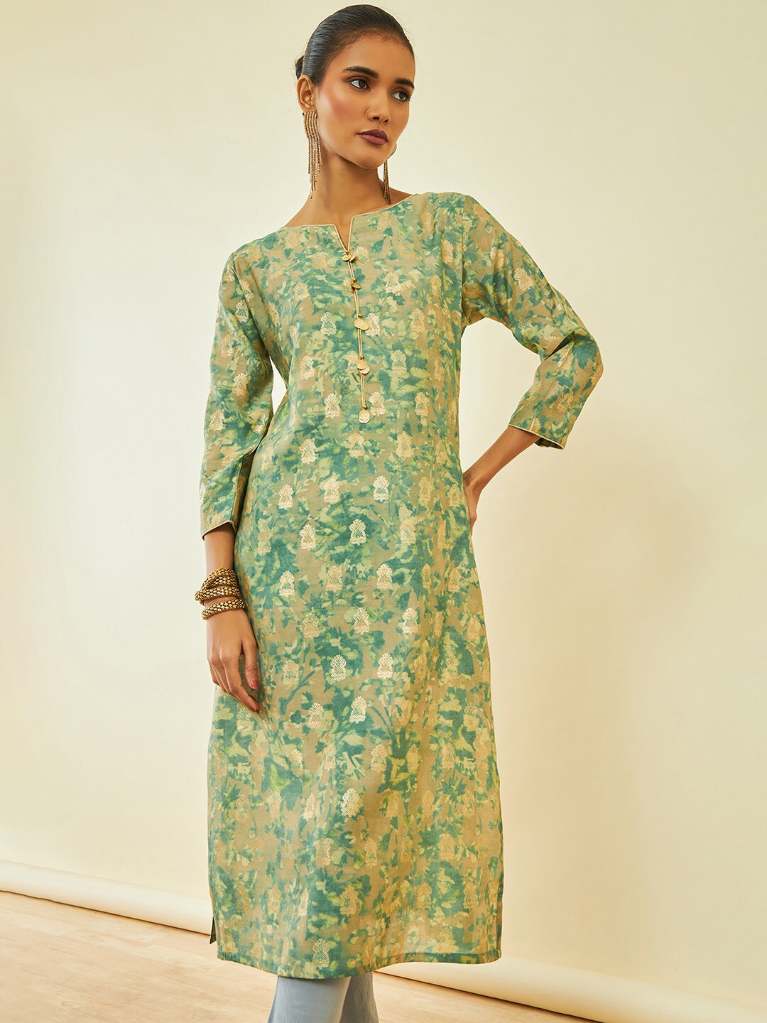 

Soch Ethnic Motifs Printed Round Neck Neck Regular Kurta, Green