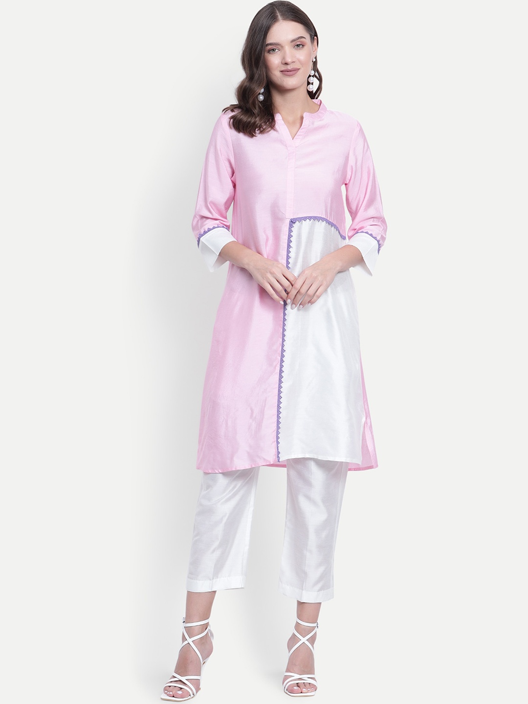 

TYAAR Colourblocked A-Line Kurta With Trousers, Pink