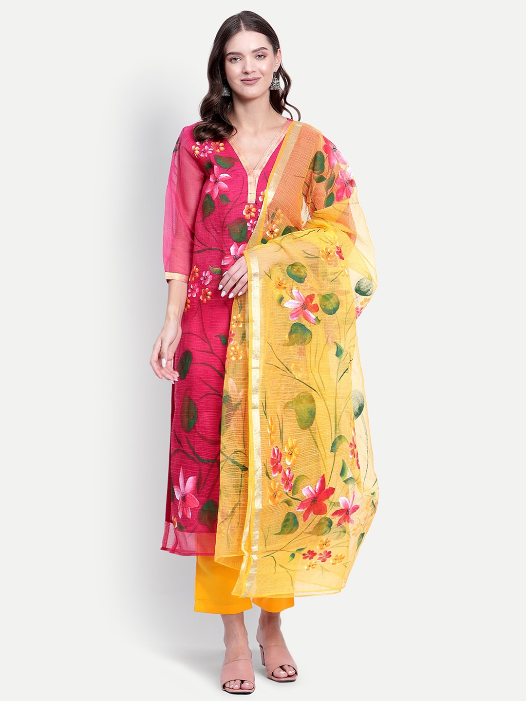 

TYAAR Floral Printed Pure Cotton Straight Kurta With Trousers & Dupatta, Magenta