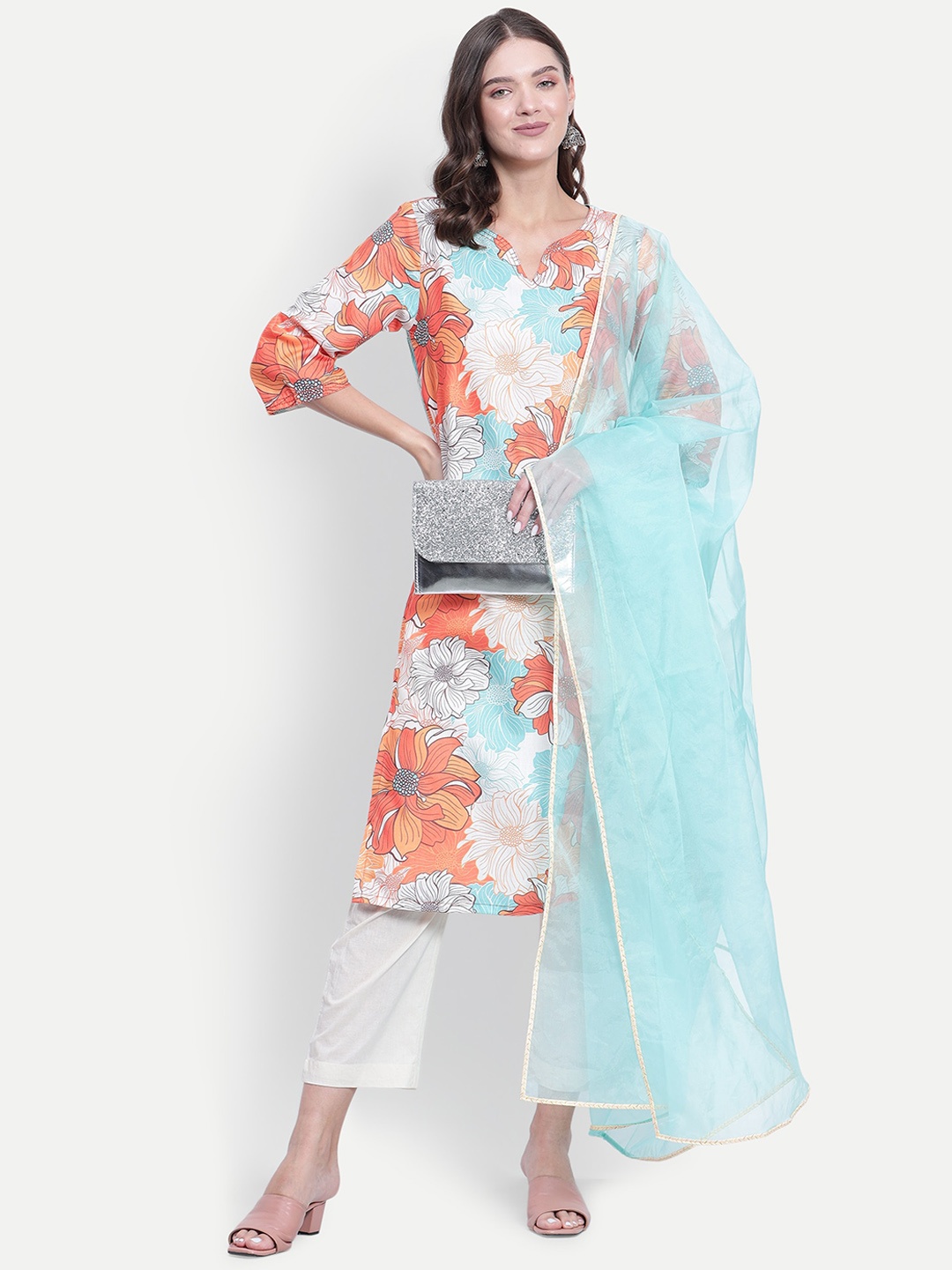 

TYAAR Floral Printed Regular Kurta With Trousers & Dupatta, Peach
