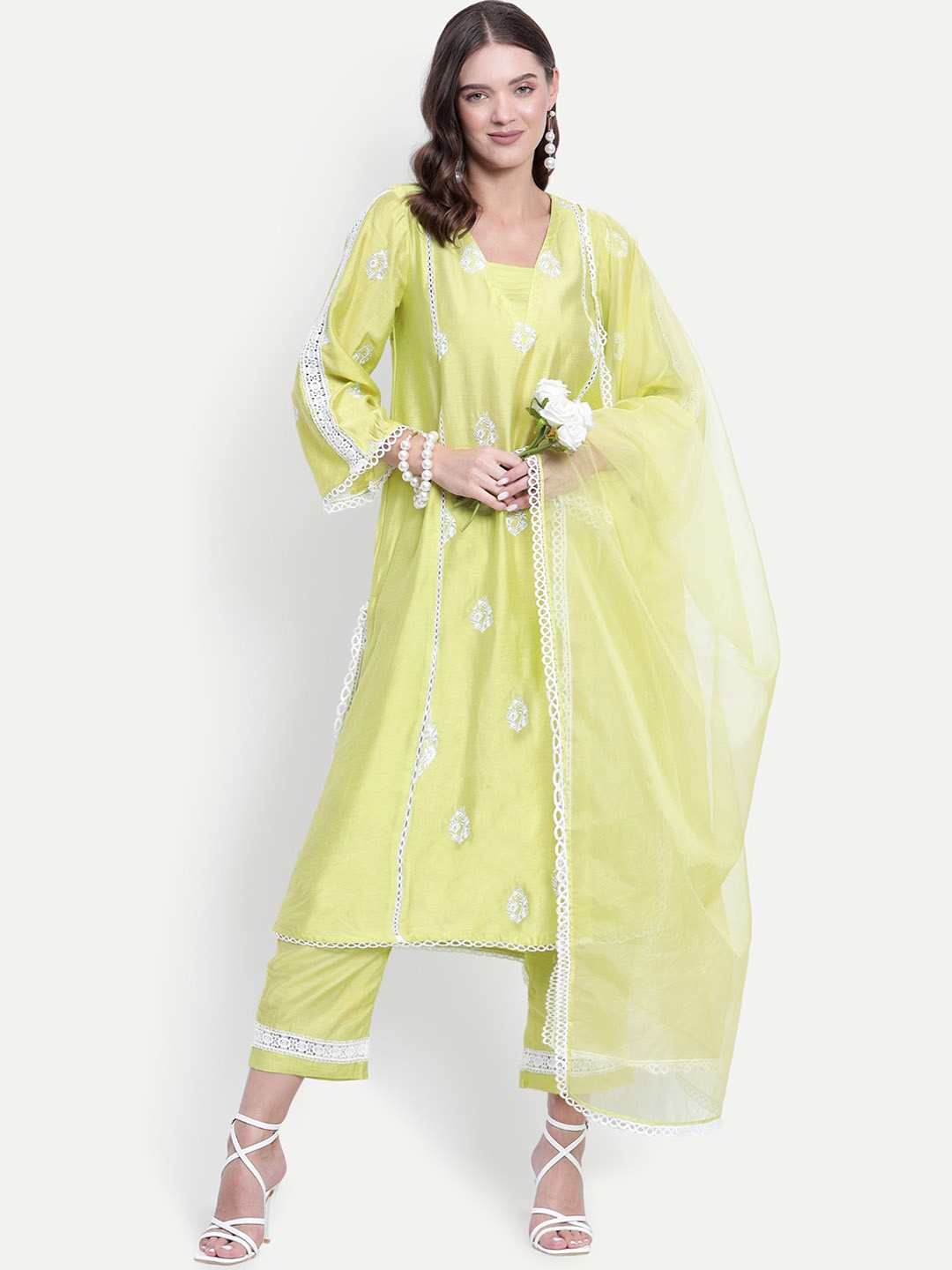 

TYAAR Floral Embroidered Panelled Kurta With Trousers & Dupatta, Lime green