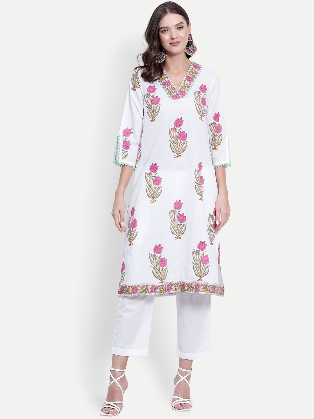 

TYAAR Floral Printed Regular Pure Cotton Kurta With Trousers, White