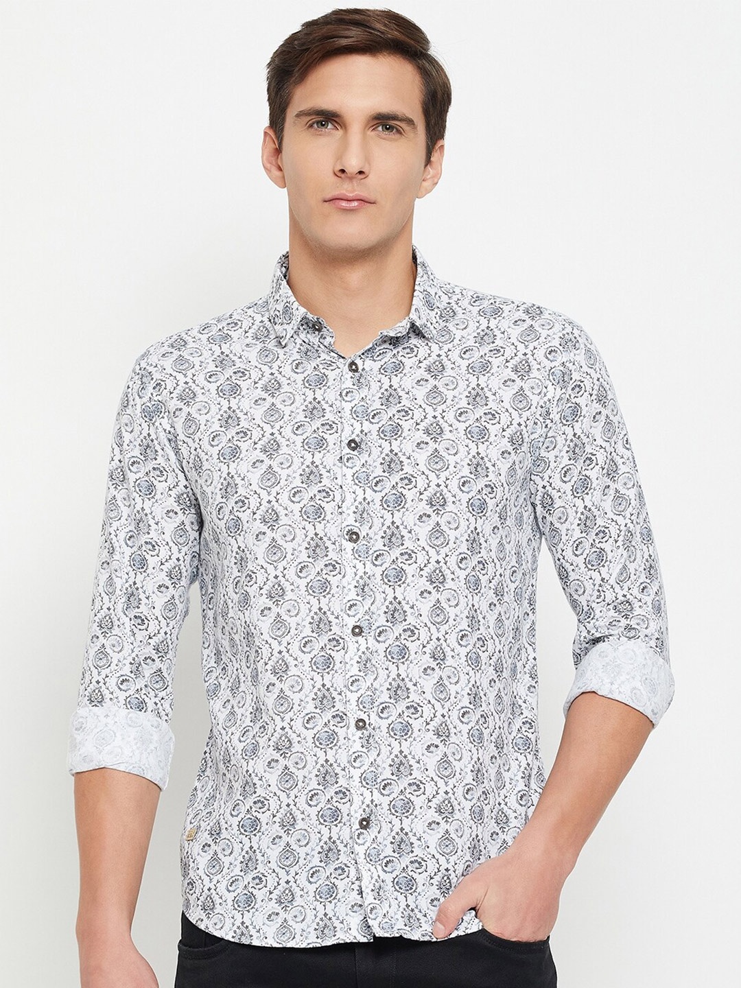 

QUBIC Floral Printed Pure Cotton Casual Shirt, Grey