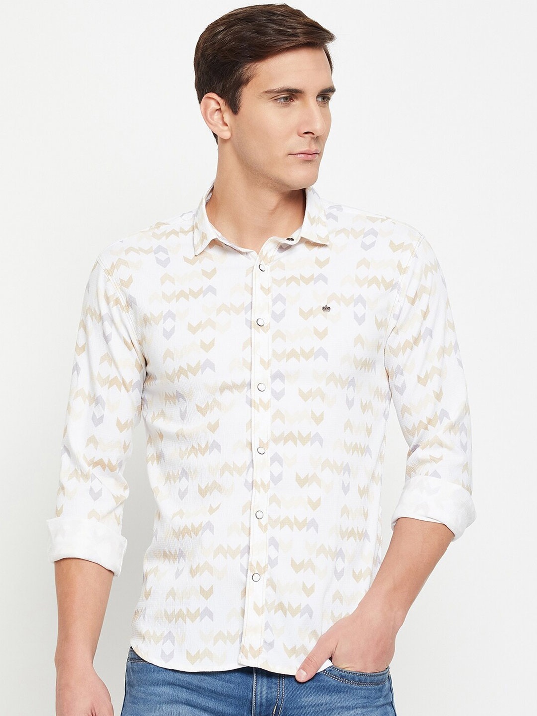 

QUBIC Geometric Printed Casual Shirt, Beige