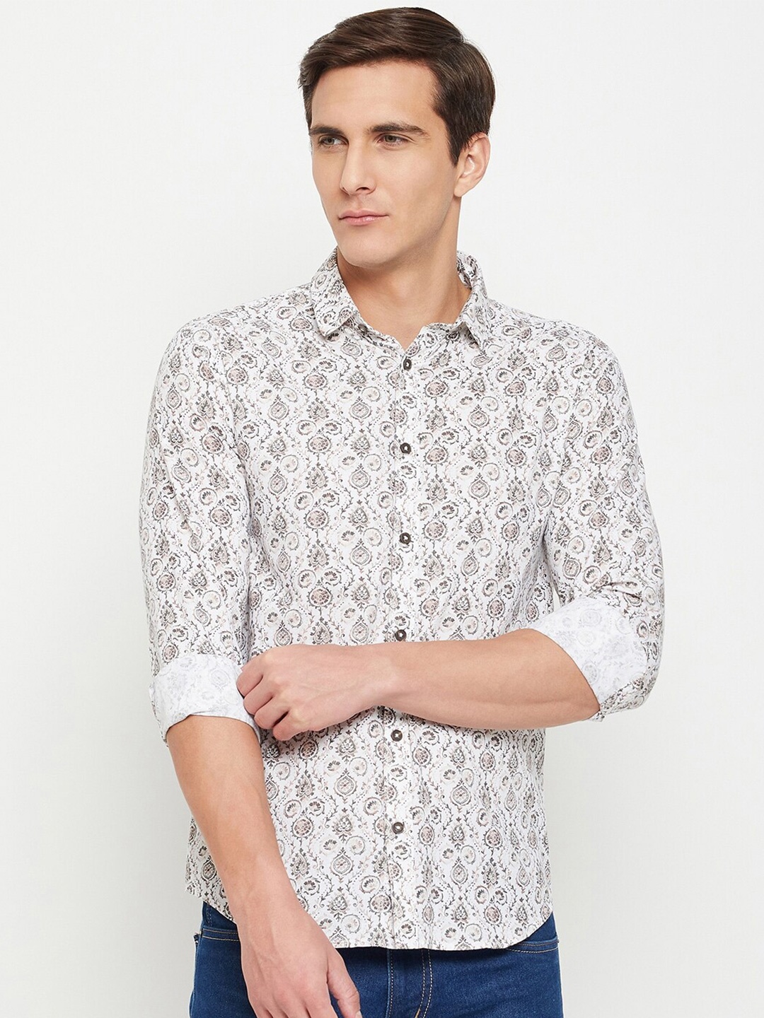 

QUBIC Ethnic Motifs Printed Pure Cotton Casual Shirt, Brown