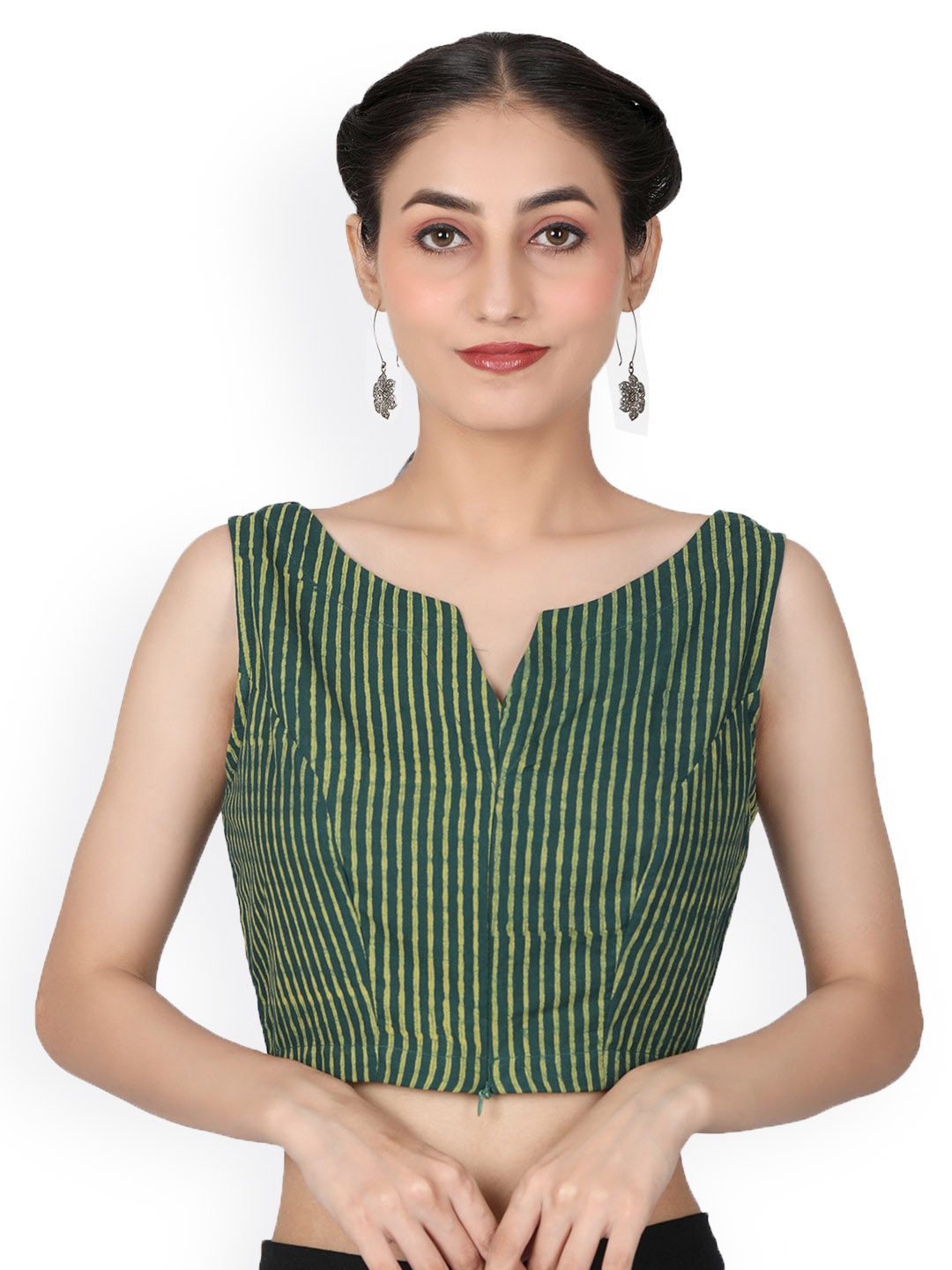 

Llajja Striped Sleeveless Cotton Saree Blouse, Green