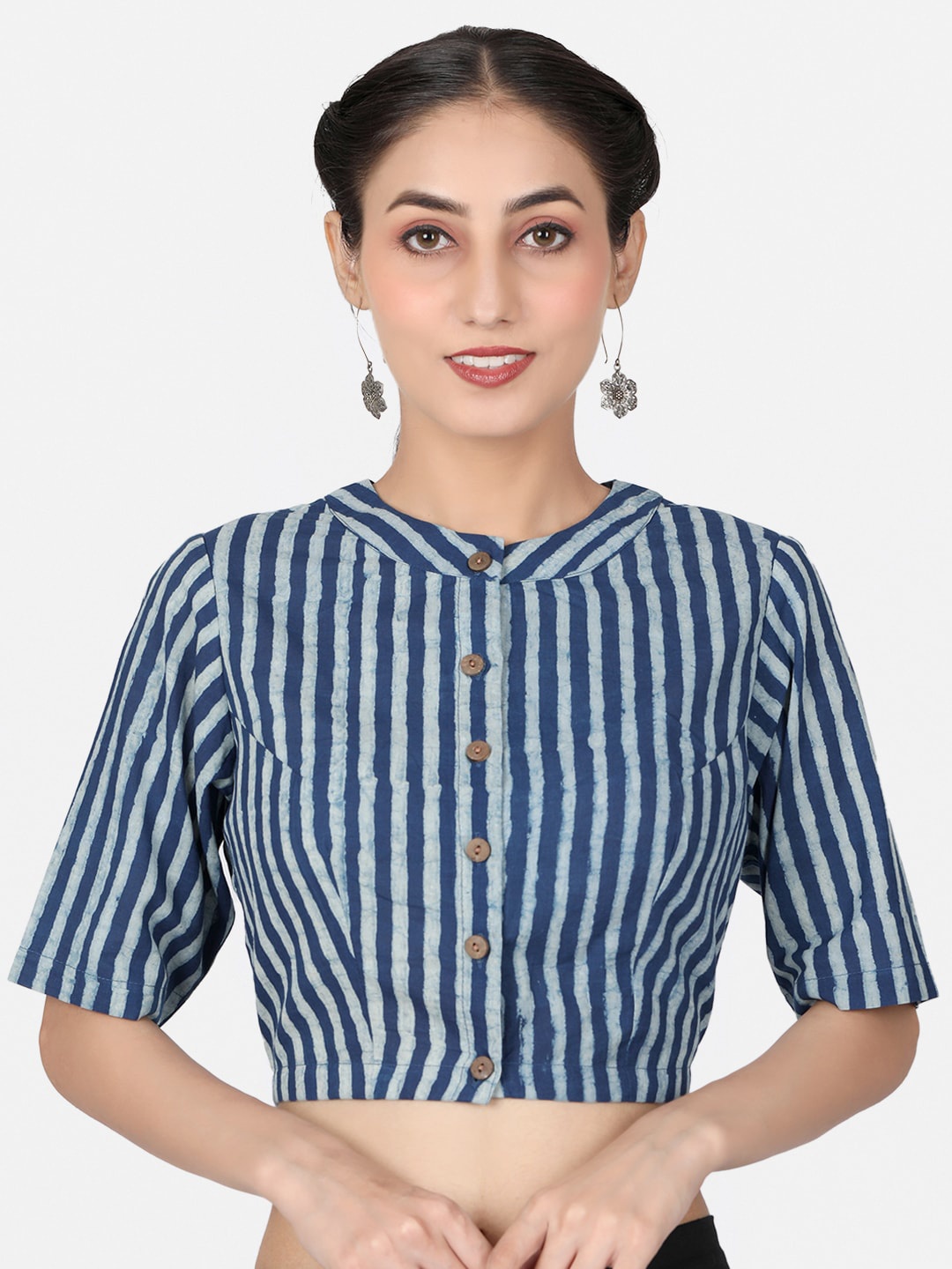 

Llajja Striped Cotton Saree Blouse, Blue