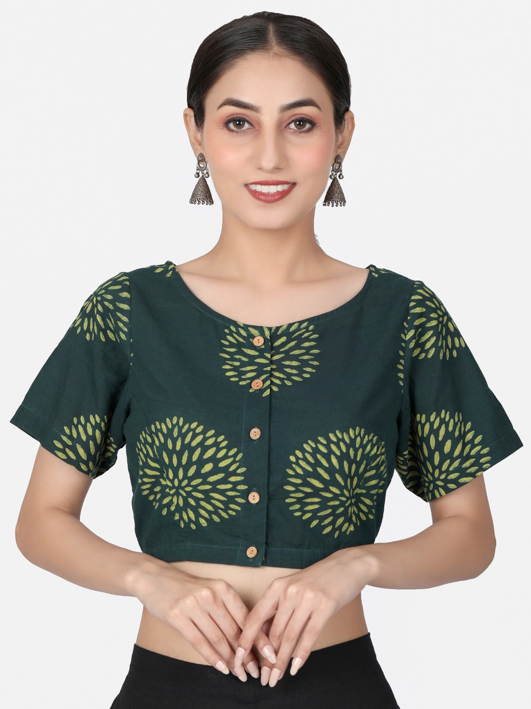 

Llajja Block Printed Cotton Saree Blouse, Green