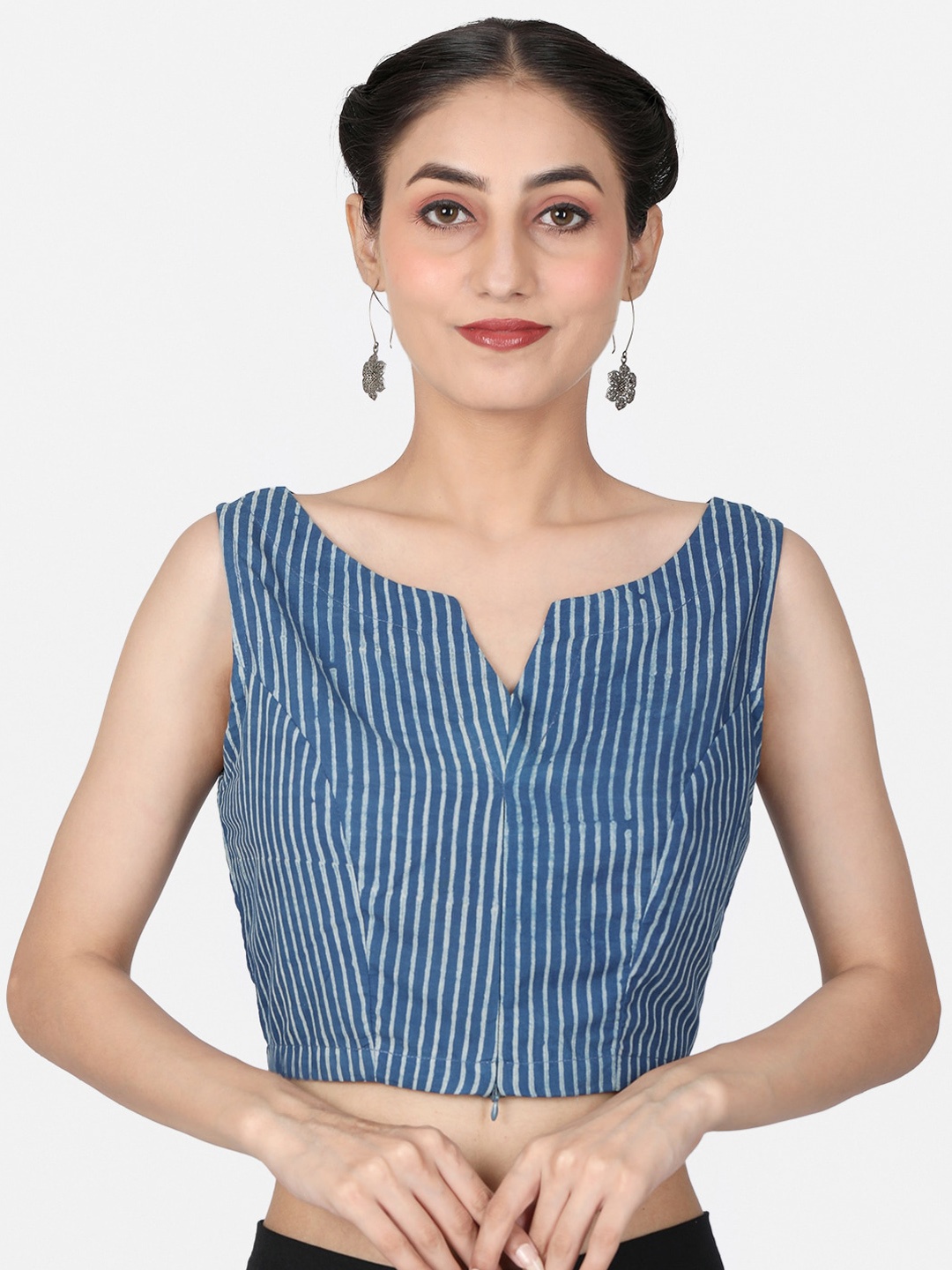 

Llajja Striped Block Printed Cotton Saree Blouse, Blue