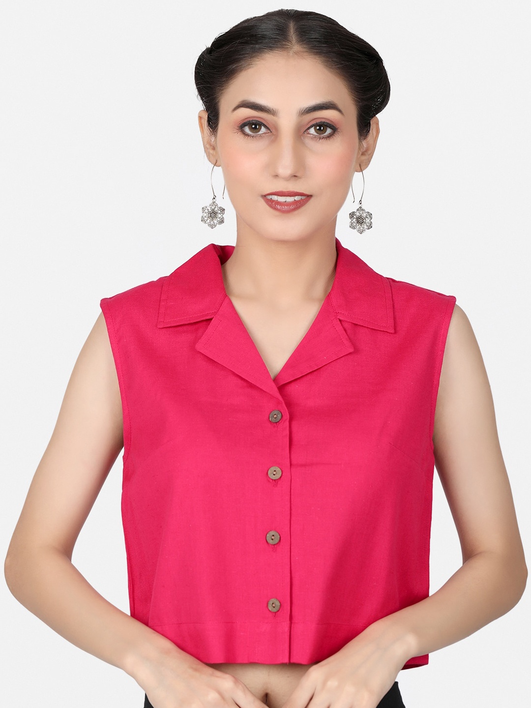 

Llajja Shirt Collar Cotton Saree Blouse, Pink