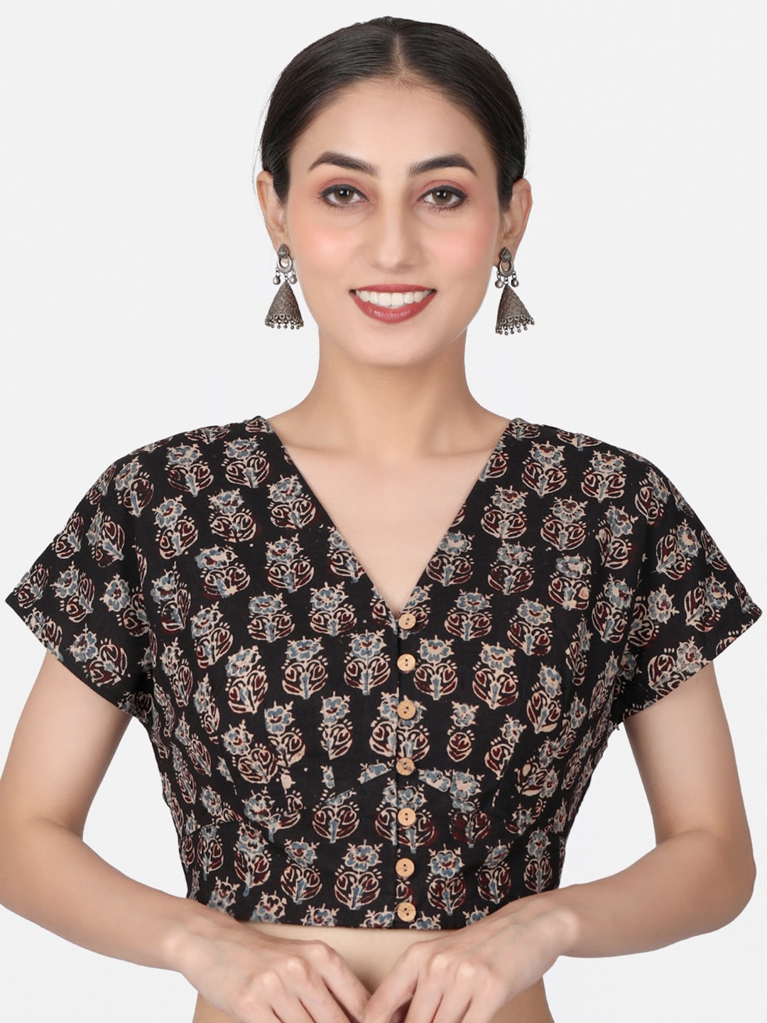 

Llajja Block Printed Cotton Saree Blouse, Black