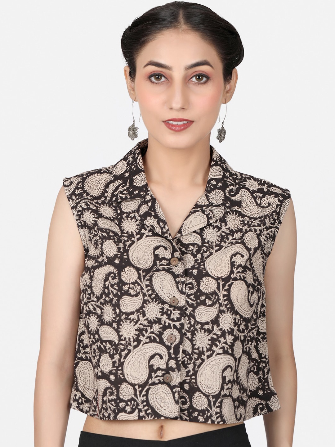 

Llajja Block Printed Cotton Saree Blouse, Black