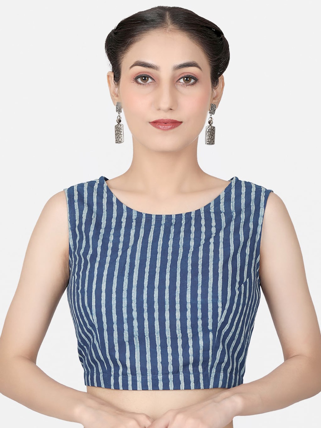 

Llajja Striped Pure Cotton Boat Neck Non Padded Saree Blouse, Blue