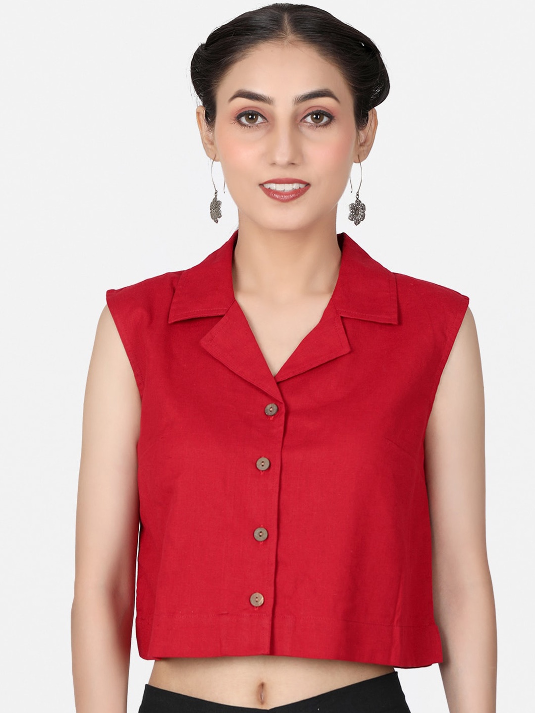 

Llajja Pure Cotton Shirt-Collar Non Padded Saree Blouse, Red