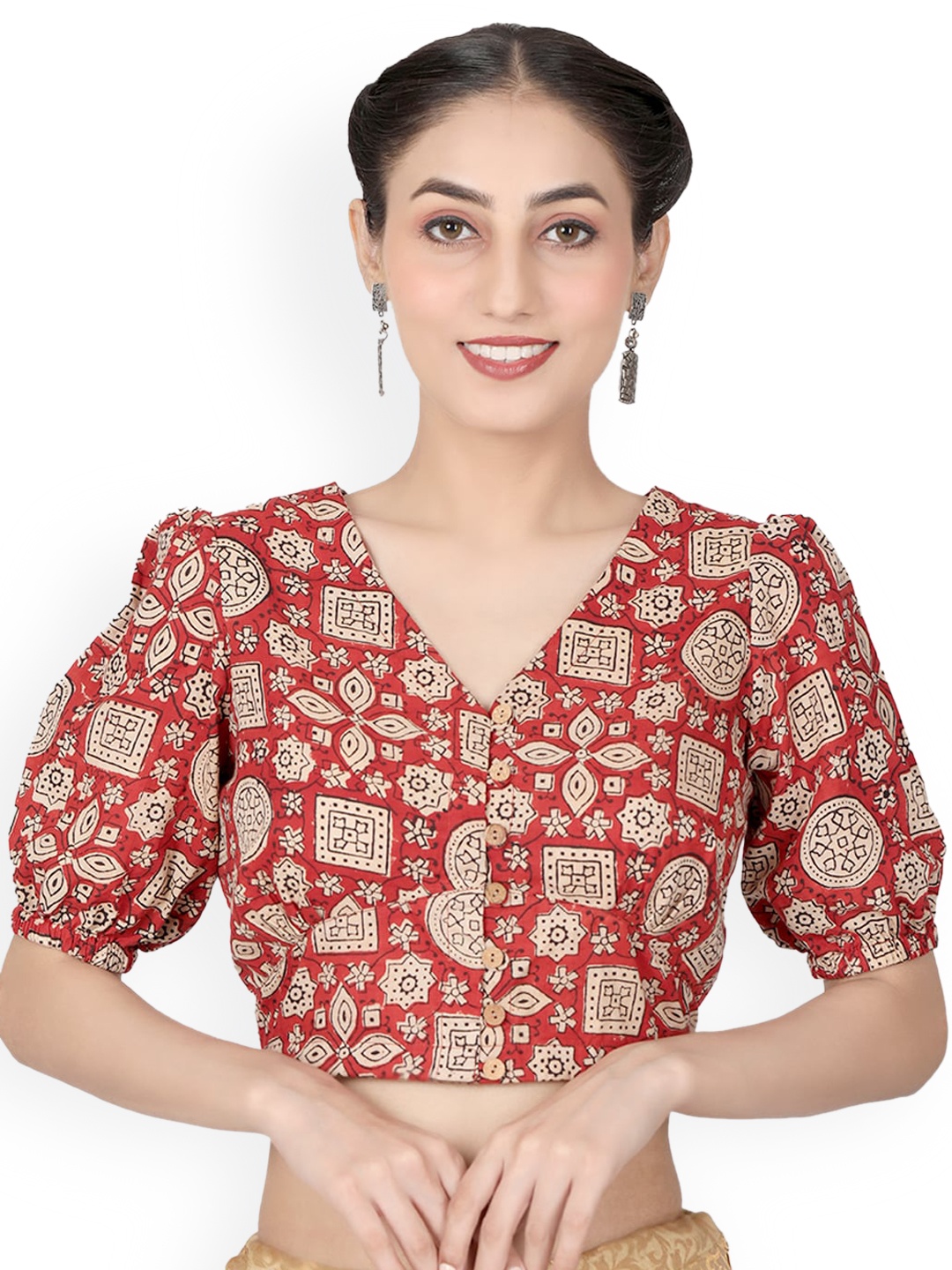 

Llajja Pure Cotton V-Neck Non Padded Saree Blouse, Red