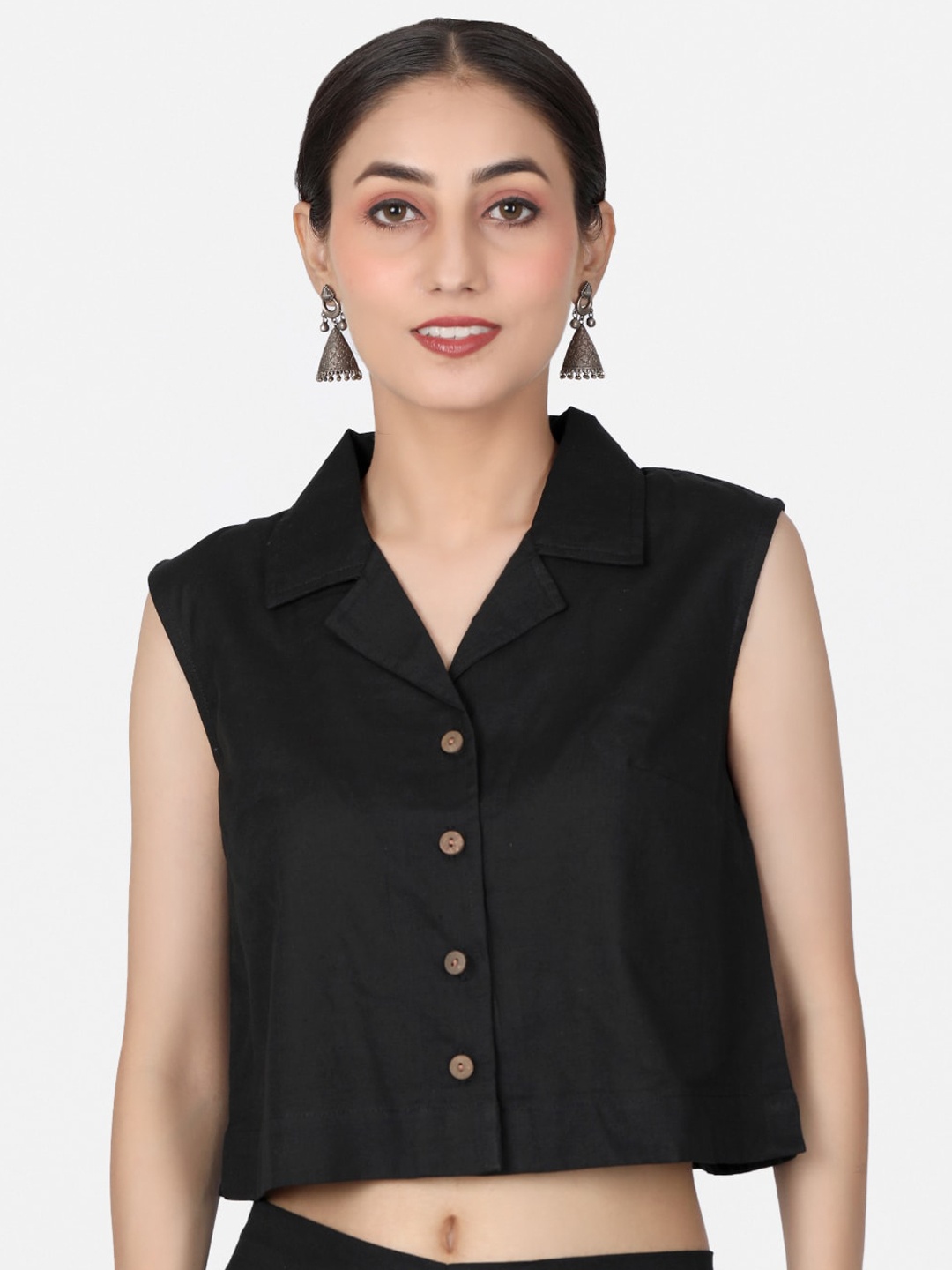 

Llajja Pure Cotton Shirt Collar Non Padded Saree Blouse, Black