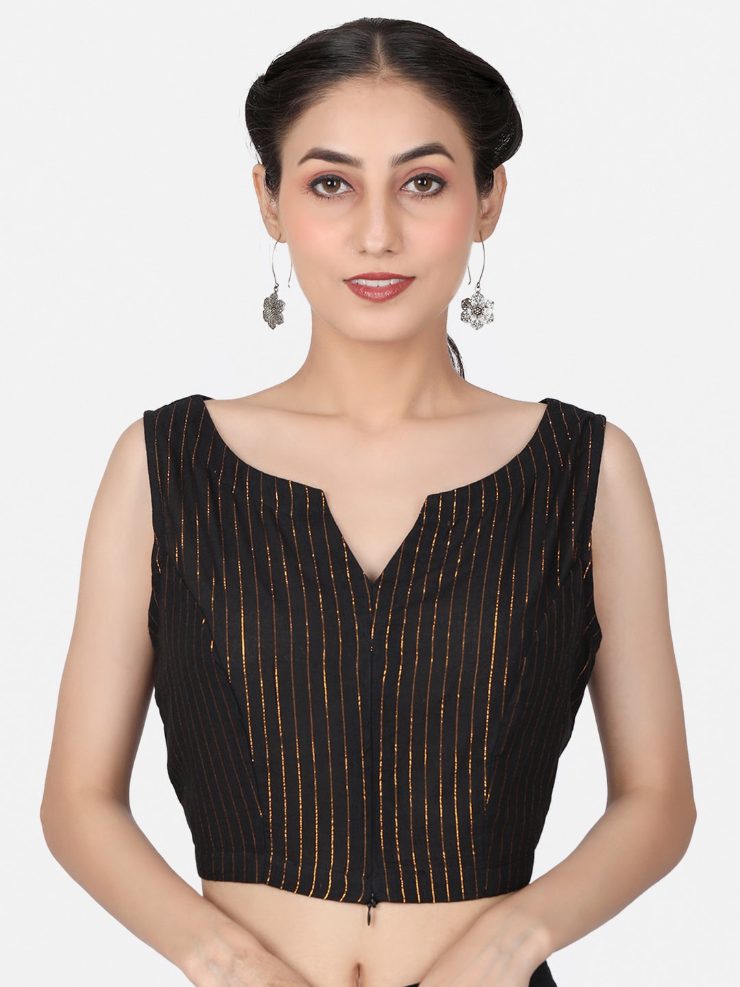 

Llajja Woven-Design Pure Cotton V-Neck Non Padded Saree Blouse, Black
