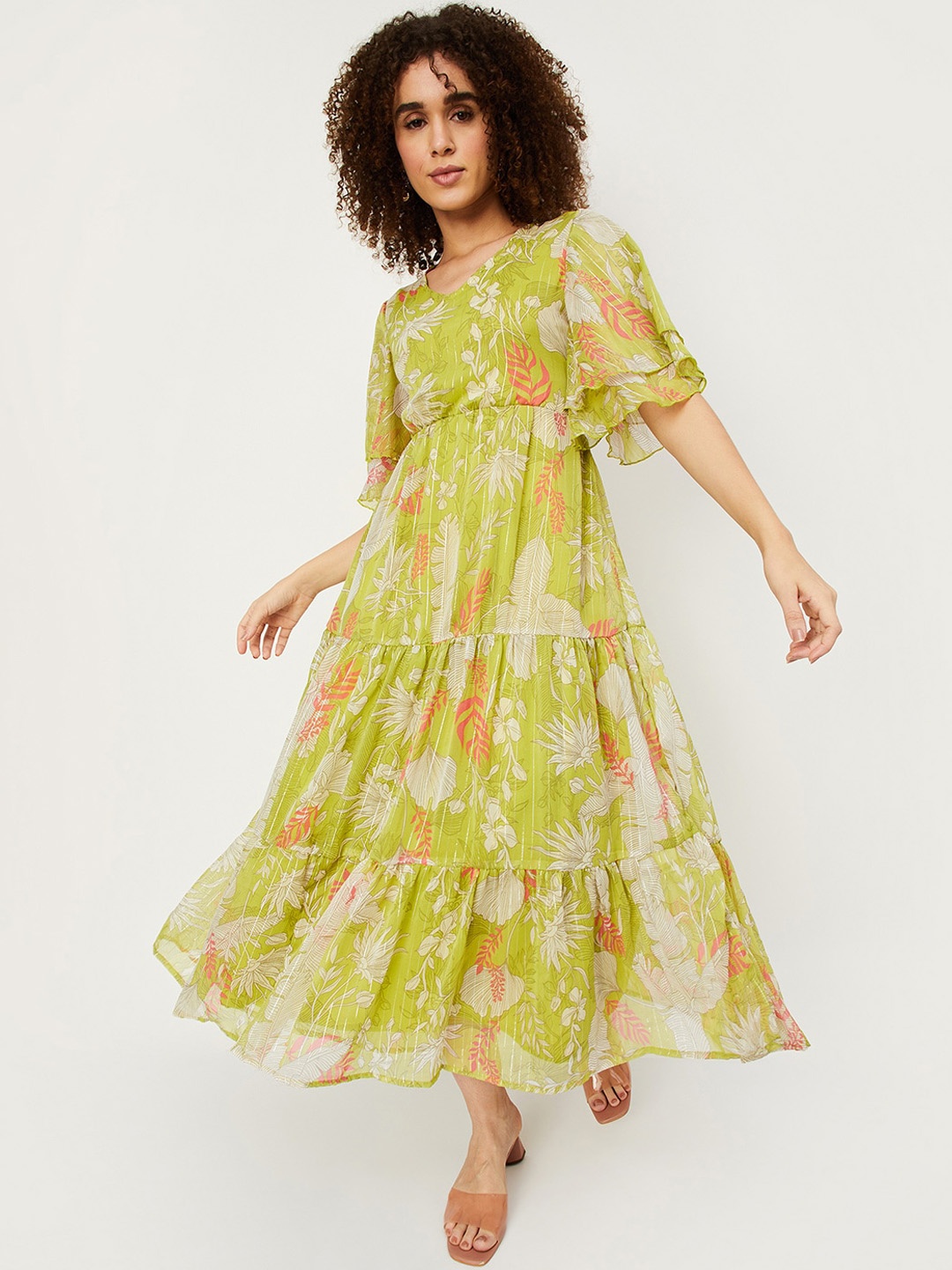 

max Floral Printed Flared Sleeves Tiered Midi Fit and Flare Dress, Green