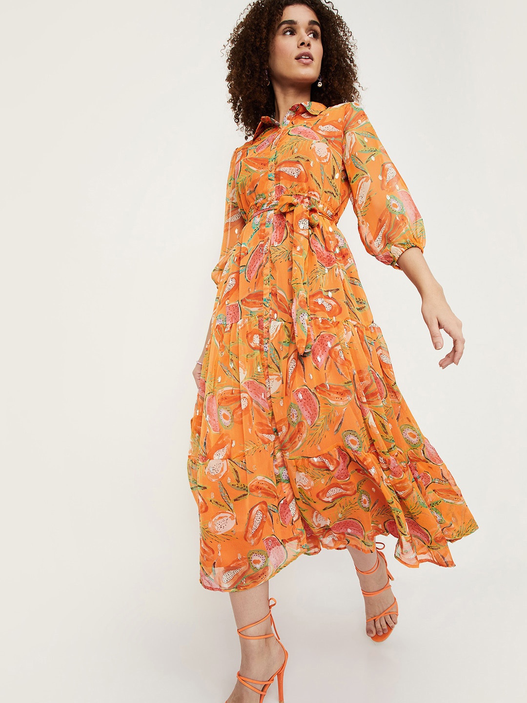 

max Tropical Printed Belted Fit and Flare Midi Dress, Orange