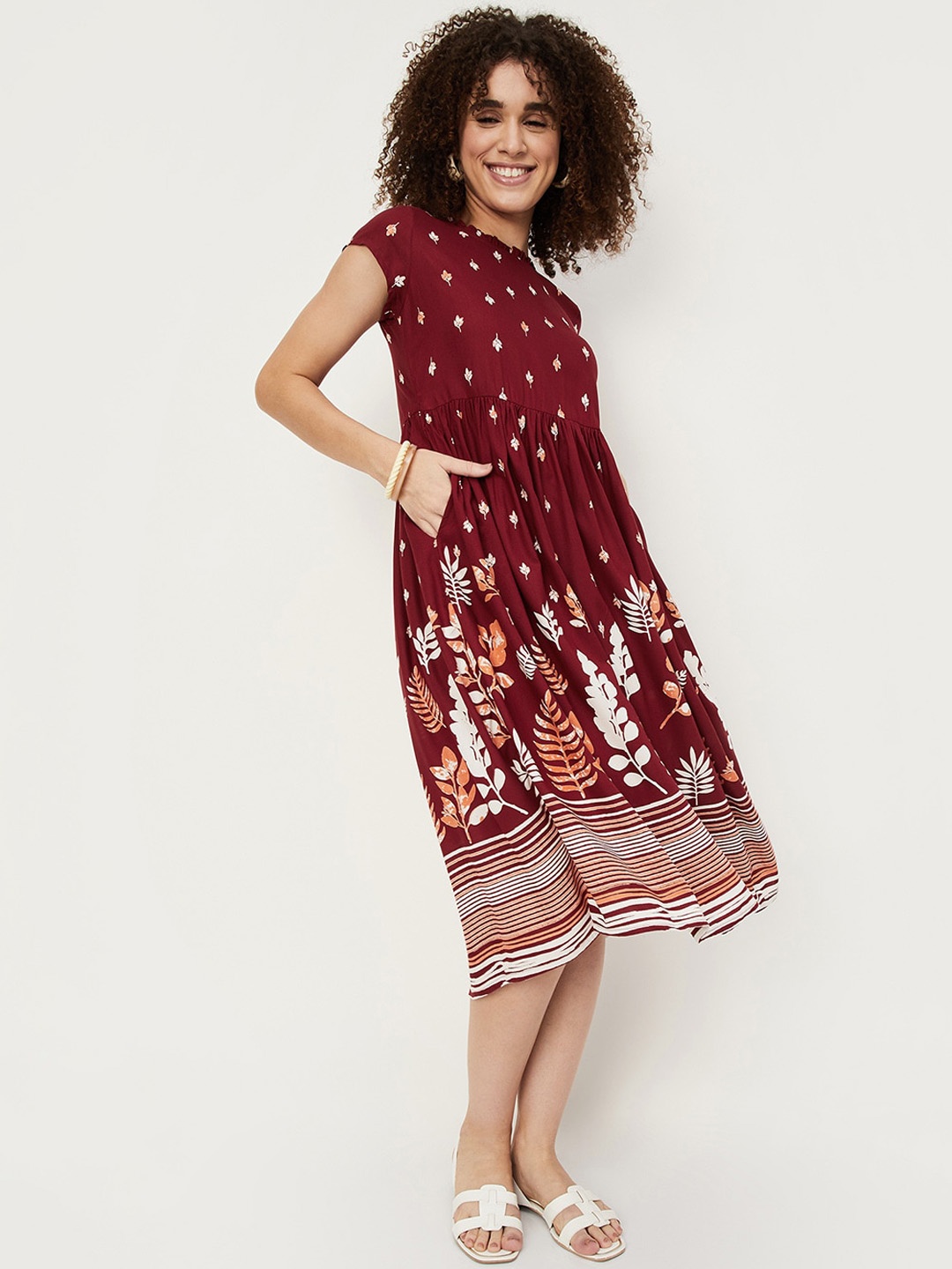 

max Floral Printed Fit and Flare Dress, Maroon