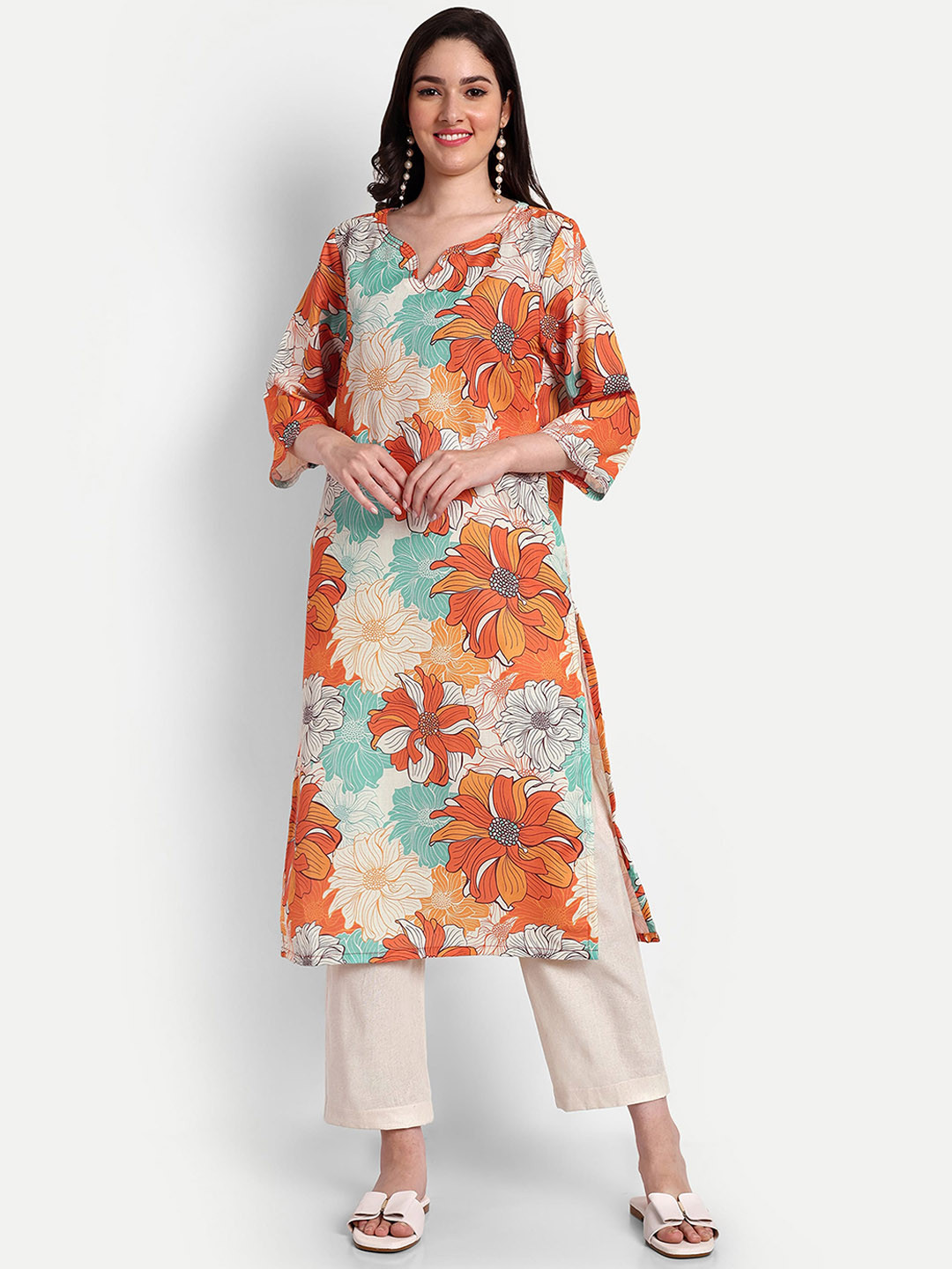 

TYAAR Floral Printed V-Neck Straight Kurta, Beige