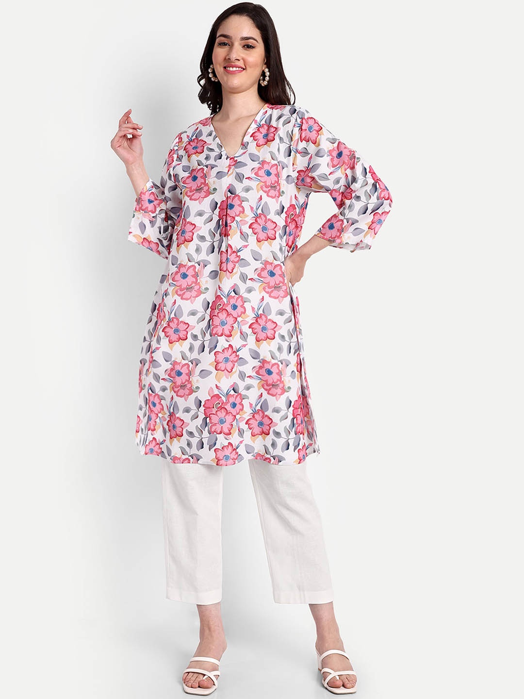 

TYAAR Floral Printed Cotton A-Line Kurta, White