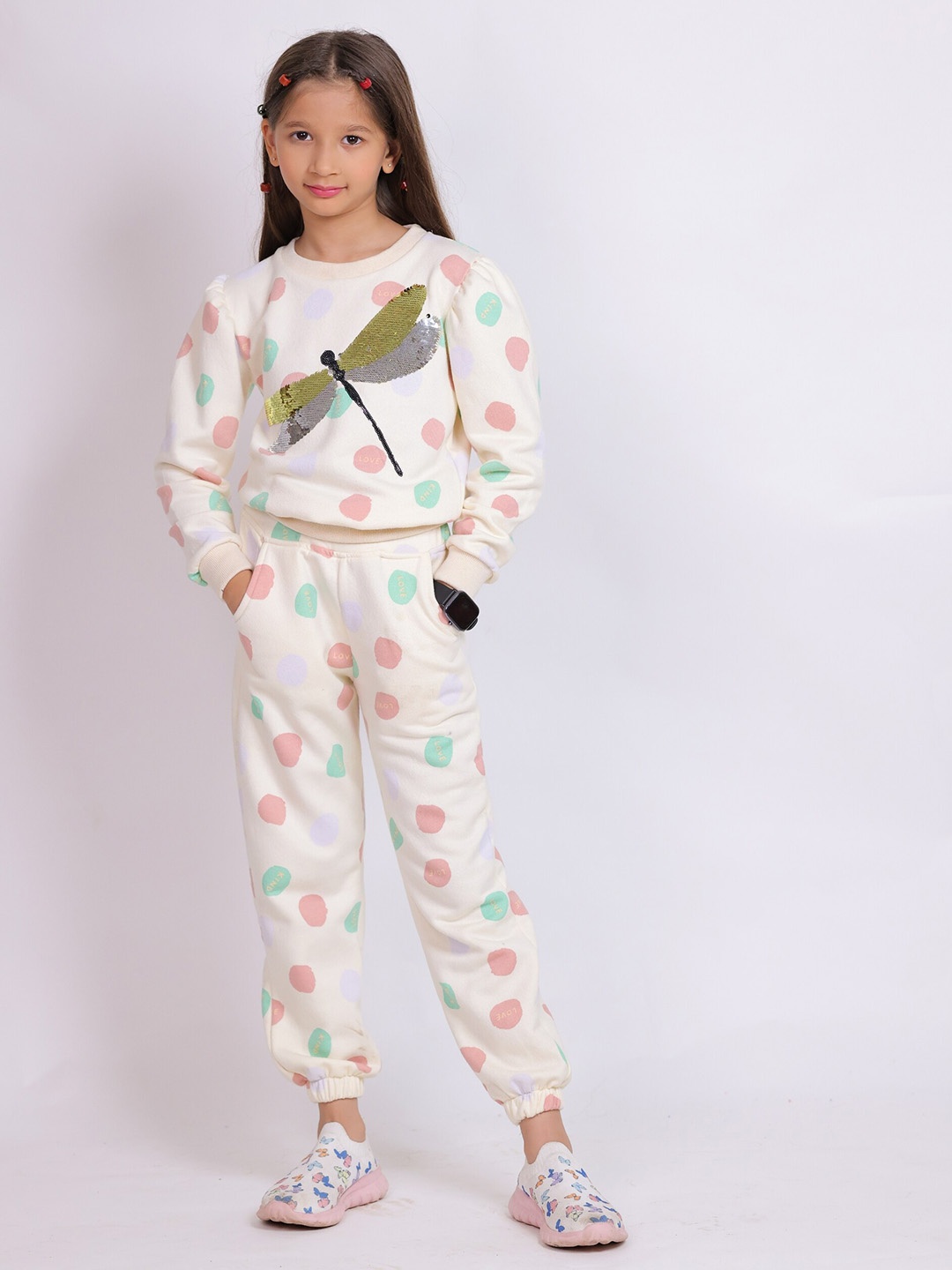 

Little Carrot Girls Polka Dots Printed Embellished T-shirt With Pyjamas, Cream