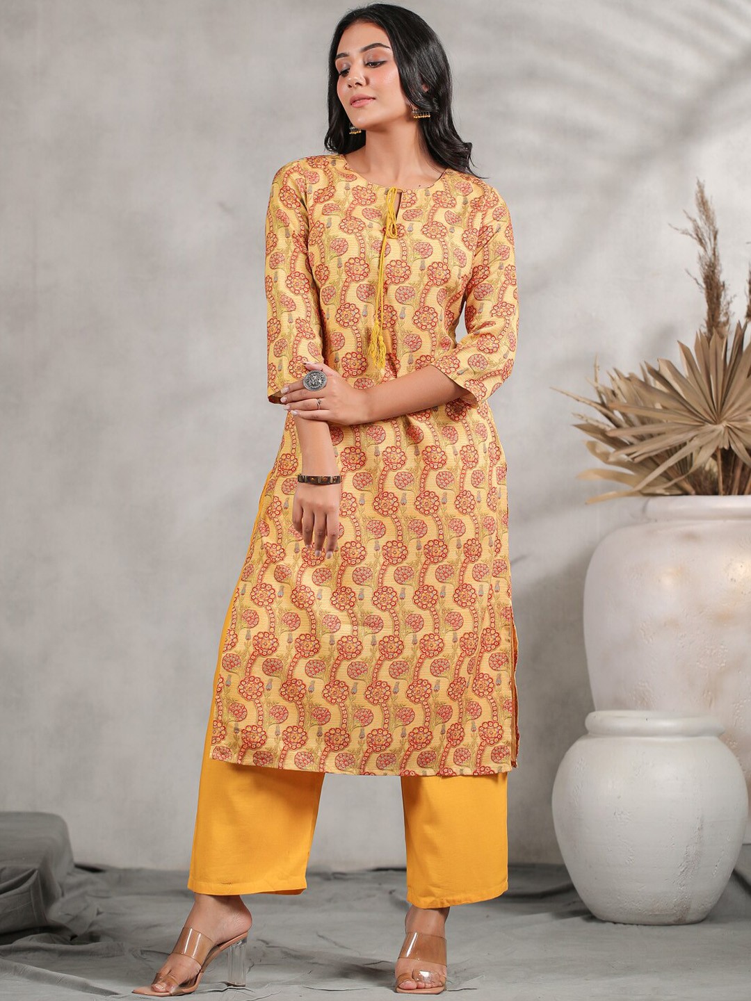 

Anubhutee Ethnic Motifs Printed Tie-Up Neck Kurta, Mustard