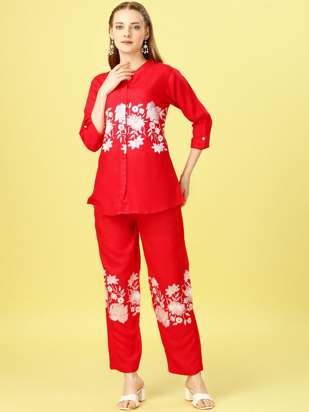 

KALINI Floral Embroidered Mandarin Collar Shirt & Palazzo, Red