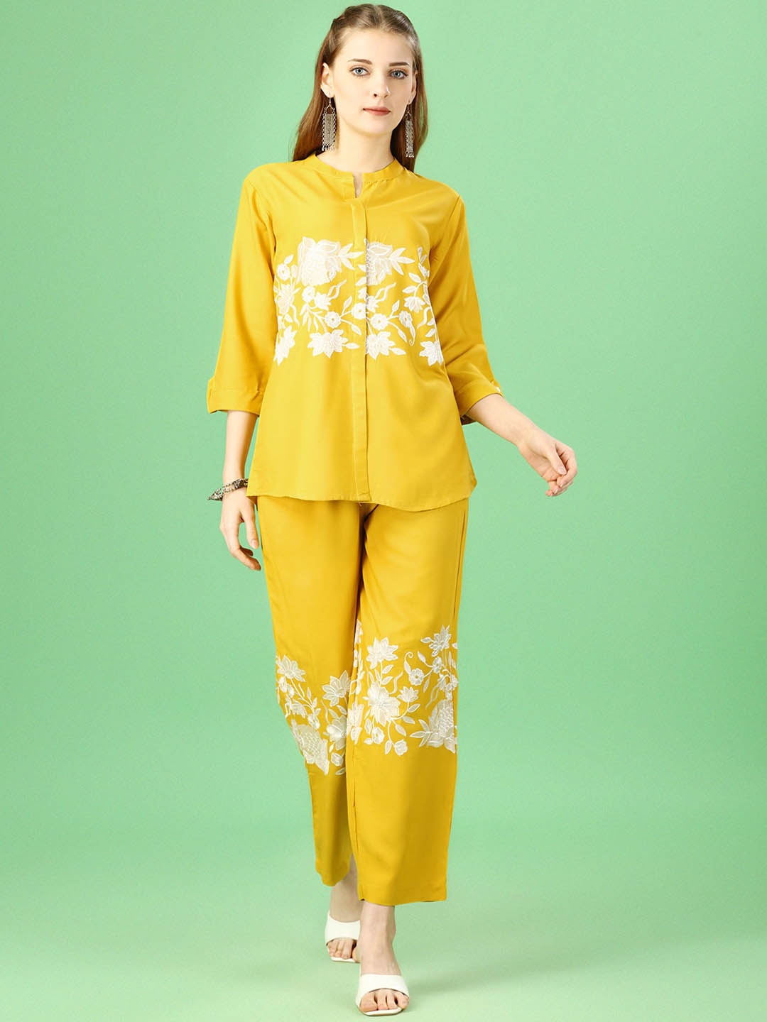 

KALINI Floral Embroidered Mandarin Collar Shirt & Palazzo, Yellow