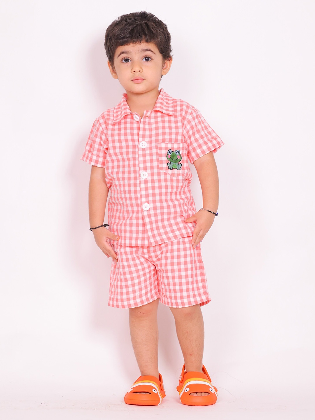 

Little Carrot Boys Checked Printed Shirt With Shorts, Orange