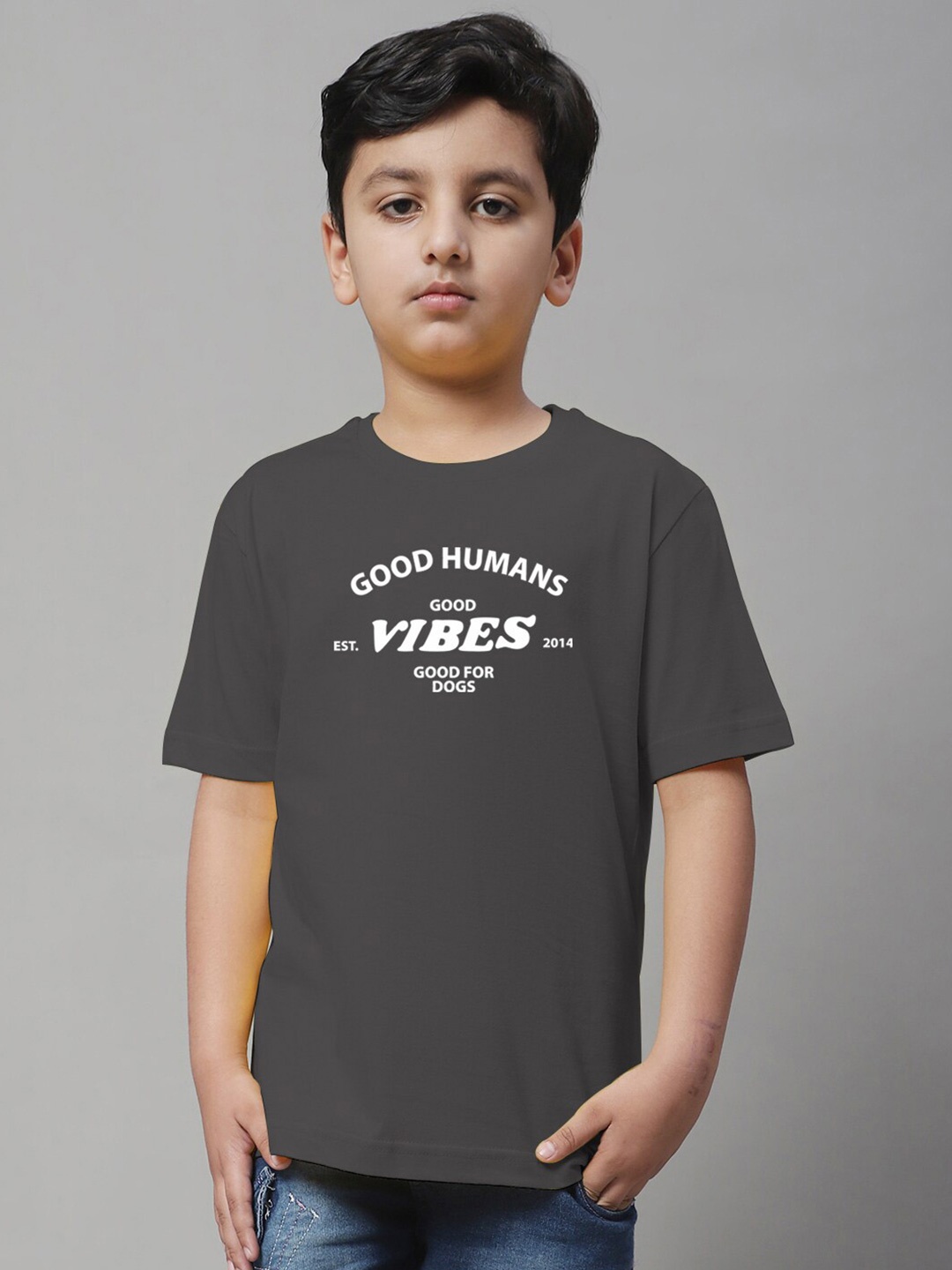 

Friskers Boys Typography Printed Pure Cotton T-shirt, Grey