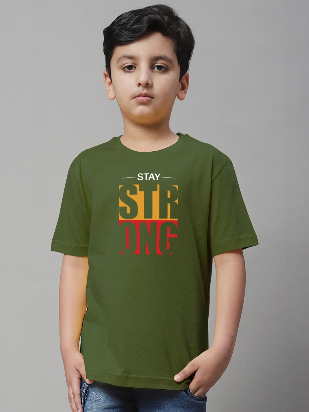 

Friskers Boys Typography Printed Round Neck Cotton Regular T-shirt, Olive