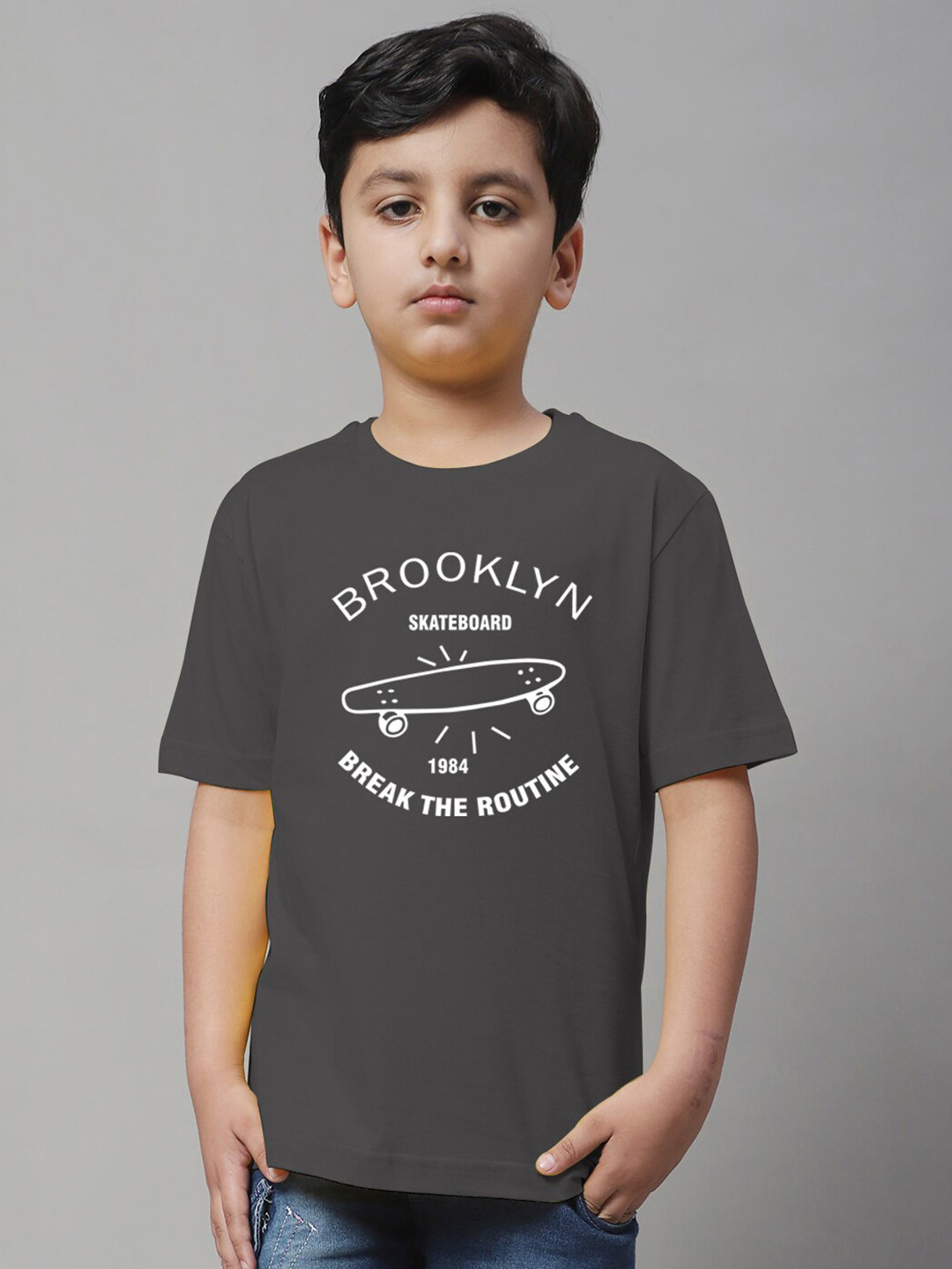 

Friskers Boys Typography Printed Pure Cotton T-shirt, Charcoal