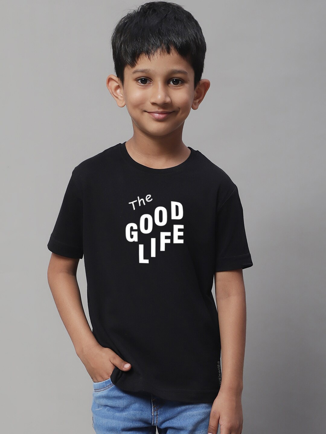 

Friskers Boys Typography Printed Pure Cotton T-shirt, Black