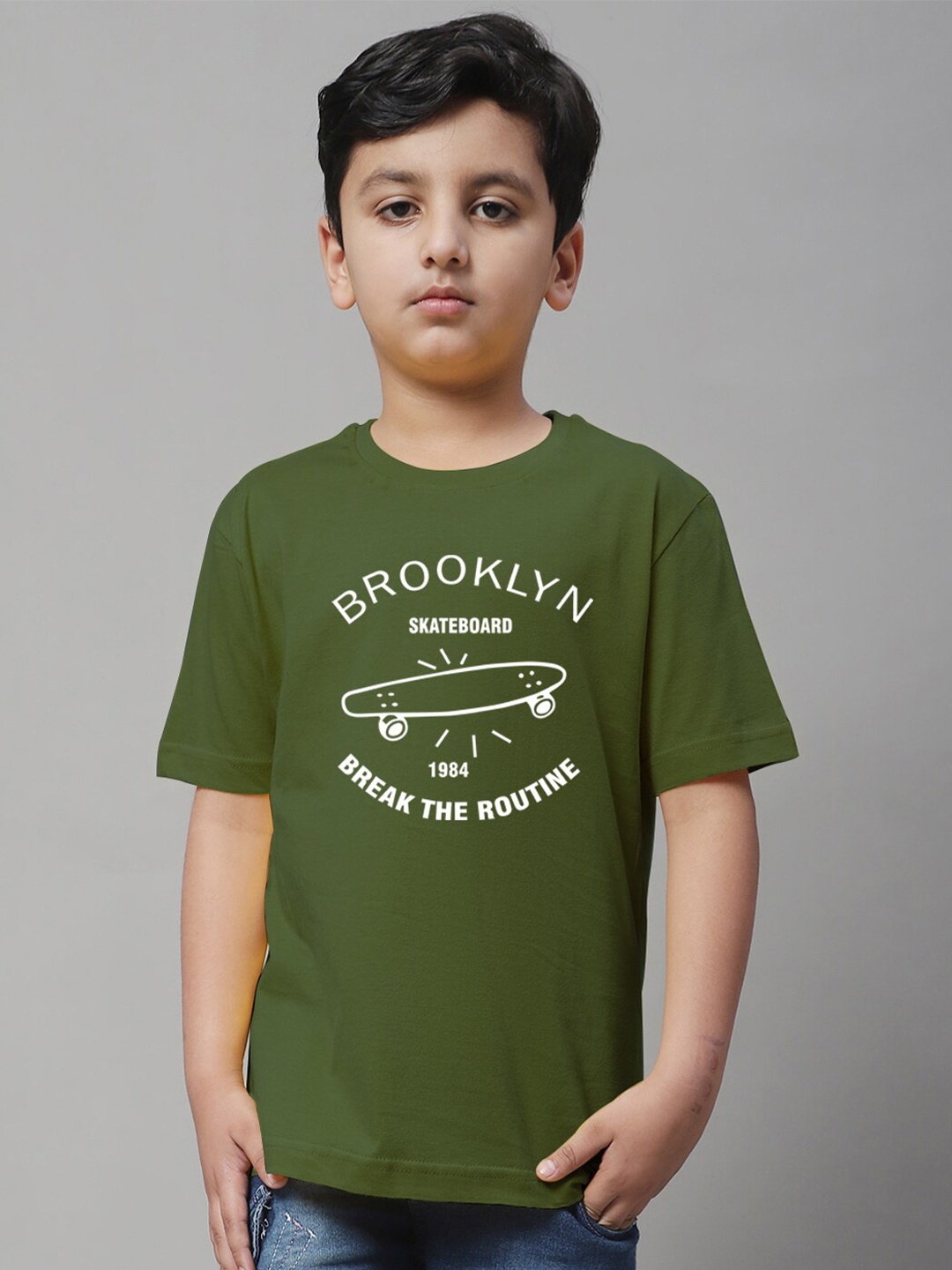 

Friskers Boys Typography Printed Round Neck Cotton Regular T-shirt, Olive