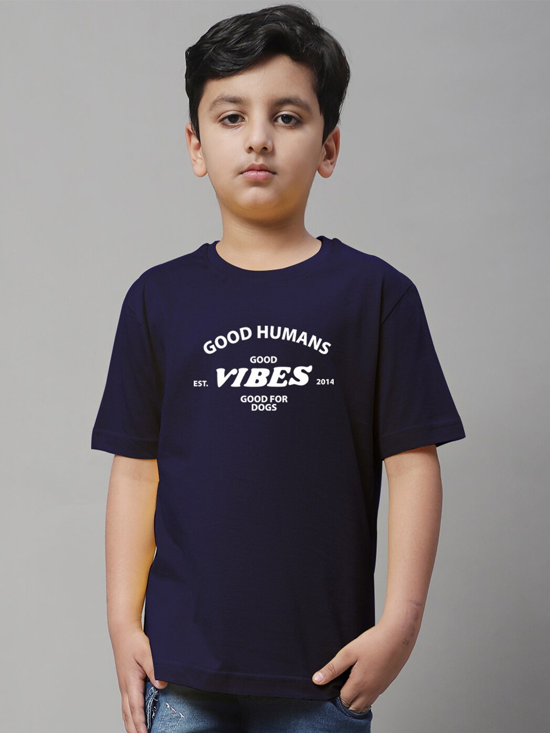 

Friskers Boys Typography Printed Round Neck Cotton Regular T-shirt, Navy blue