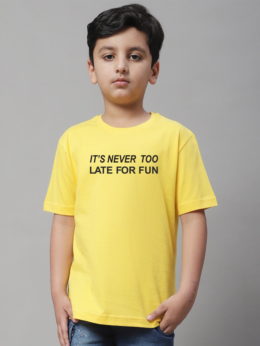 

Friskers Boys Typography Printed Round Neck Cotton Regular T-shirt, Yellow