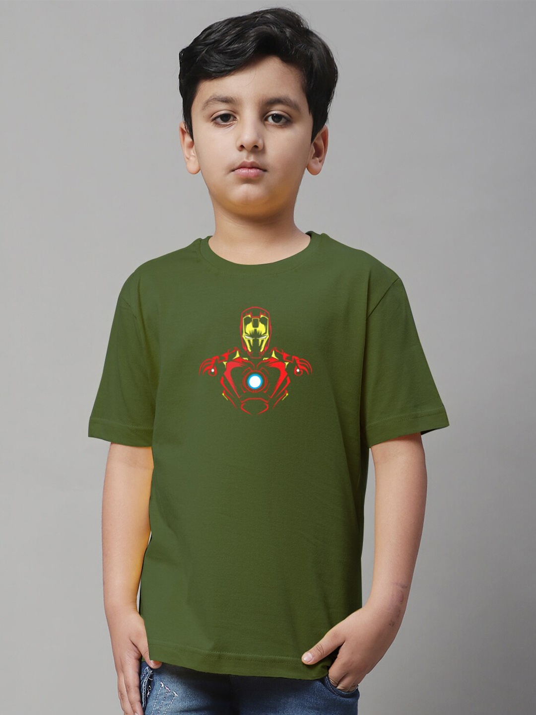 

Friskers Boys Iron Man Printed Pure Cotton T-shirt, Olive