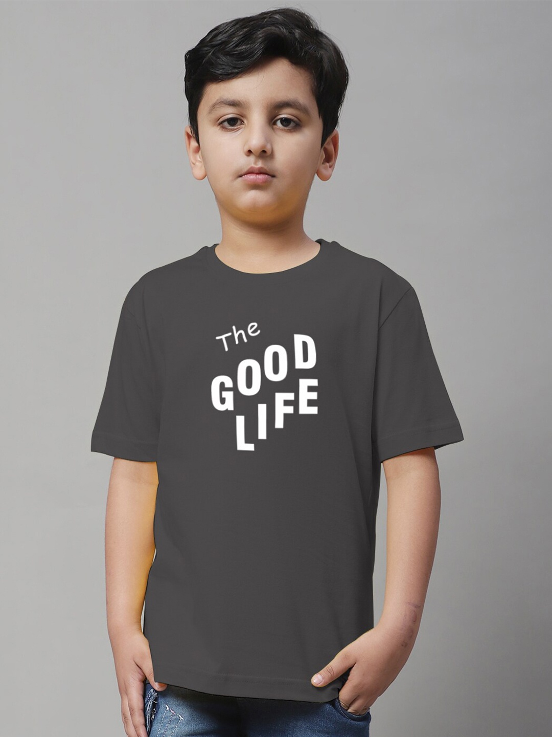 

Friskers Boys Typography Printed Round Neck Cotton Regular T-shirt, Grey